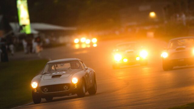 A Ferrari 250 GT SWB is chased by an Aston Martin DB4 GT as they race after the sunset. Taken by Nick Dungan for Goodwood